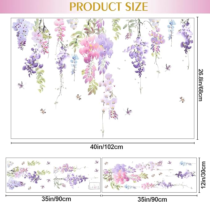 Amaonm 3D Removable Hanging Purple Blue Flowers With Green Leaves Wall Stickers Murals DIY Peel and Stick Flower Vines Floral Wall Decal for Home Wall Corner Kids Bedroom Living Room Nursery Decoration (C)