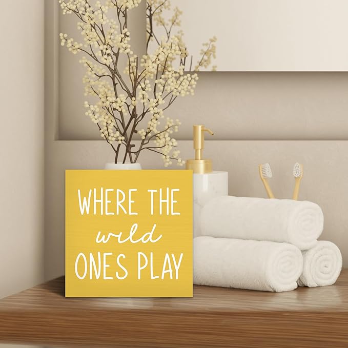 Where The Wild Ones Play Yellow Wood Box Sign Desk Decor 5X5, Nursery Kids Room Wooden Block Sign Decorations for Playroom Toddler Boys Girls Room Wall Tabletop Shelf Decor