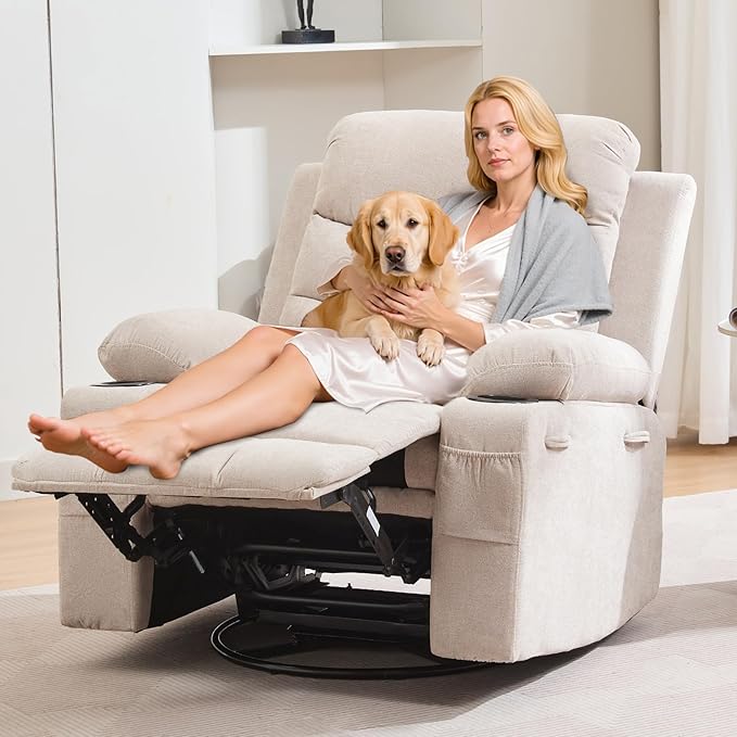 Recliner Chair Nursery, Oversized Manual Reclining Rocking Chair, 360 Swivel Glider with Cup Holder, Massage and Heat Recliner, Indoor Small Single Sofa Chairs for Adults, RV, Bedroom, Line Beige