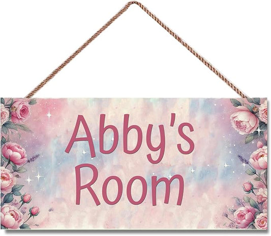 Personalized Name Sign Pink Flowers Decor For Girls Room and Baby Nursery Kids Bedroom Wood Plaque Hanging Wall Art Decor