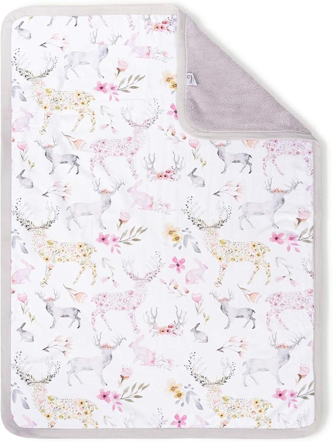Oilo Baby Blanket, Luxury Soft Plush Chenille Backing & Turkish Cotton Jersey Print, Double Layered, 30" x 40", Rolled Jersey Edge Trim, Machine Washable, Perfect for Infant or Toddlers, Woodland Fawn