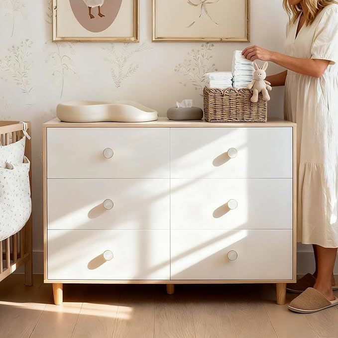 White Dresser for Bedroom, 6 Drawer Dressers with Solid Wood Legs, Baby Dresser for Kids, Storage for Clothes and Baby Essentials