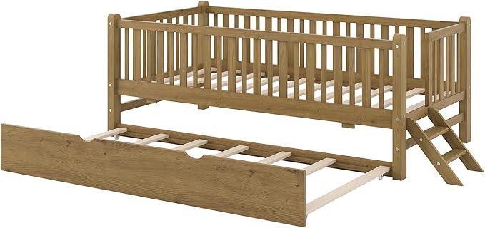 Twin Size Platform Bed with Guardrail and Trundle, Wood Kids Platform Bed Frame with Two-Step Ladder for Boys Girls, Sturdy Slats Support (Walnut-1.26T)