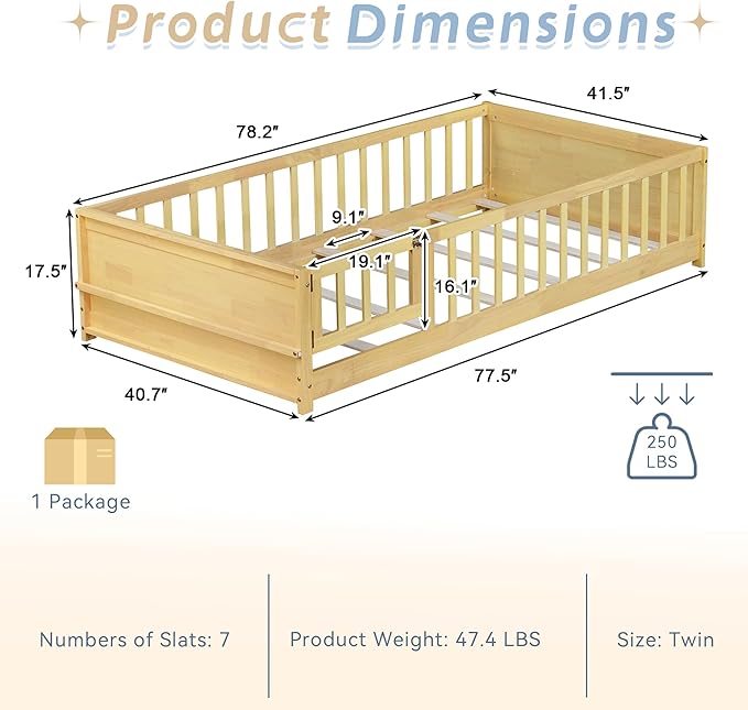 Twin Toddler Floor Bed with High Rails, Wooden Montessori Bed Frame with Door & Built-in Book Rack, Twin Size Bed Frame for Kids, Boys and Girls, Natural