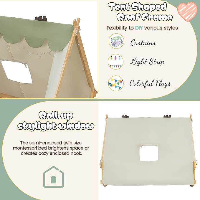 Montessori Floor Bed Full with Tent & Light, Wood Full House Beds for Kids, DIY Playhouse, Low-Profile Teepee Bed, Playful Indoor Adventure & Sleep for Girls Boys,Natural+White