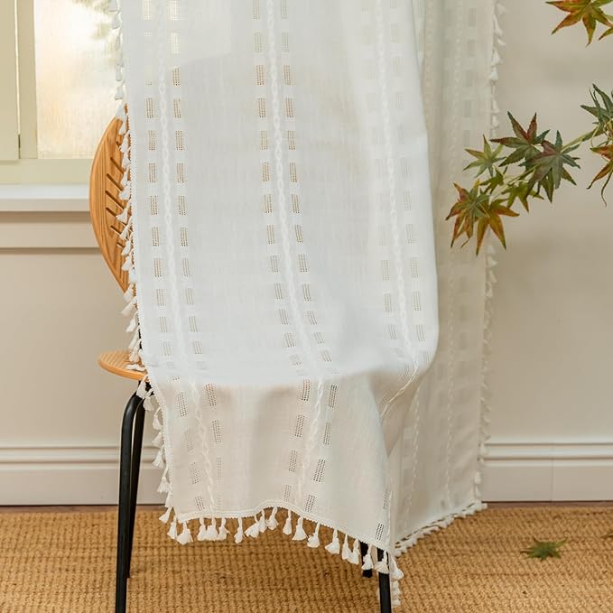 Deeprove White Cream Boho Curtain 72 inches Length for Living Room Bedroom Nursery, Bohemian 72 inches Long, Geometric Stripe Embroidery Privacy Window Fringe Decoration W52 x L72, Single 1 Panel