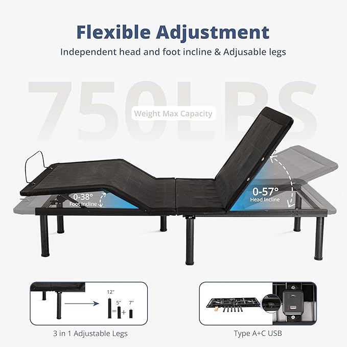 EGOHOME Adjustable Bed Base Frame Split King and 14 inch Charcoal Gel Memory Foam Mattress, Independent Head and Foot Incline Wireless Remote Electric Foldable Metal Bed Base,Zero Gravity