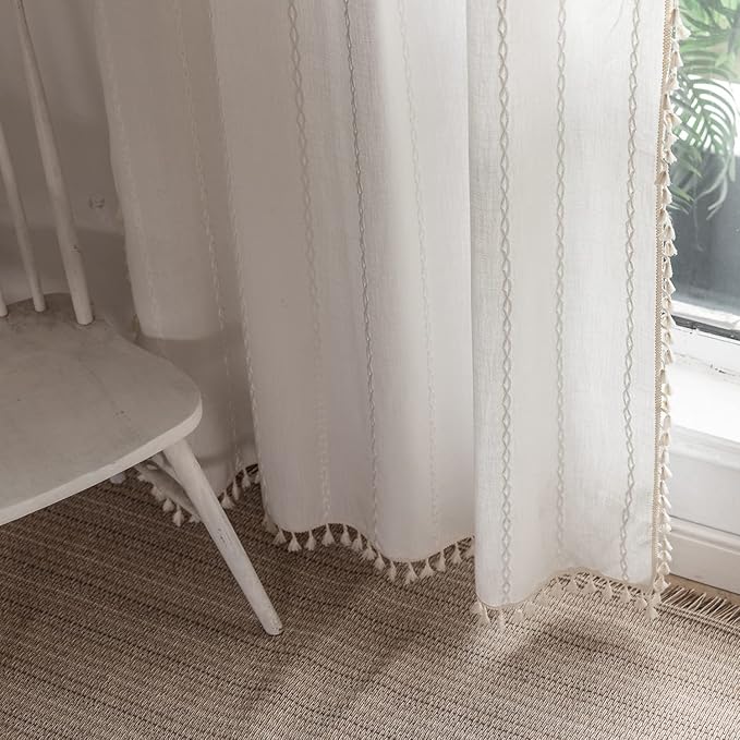Deeprove White Boho Curtains 72 inches Long with Tassel for Bedroom Living Room, Bohemian Moroccan Sheer Embroidery Rustic Farmhouse Cotton Linen French Country Window Drape, W52 x L72, 1 Panel
