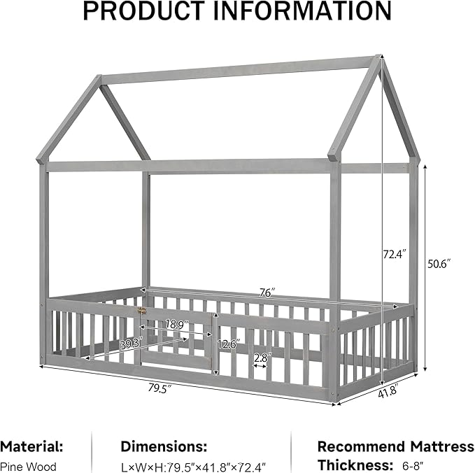 Merax Wooden House Bed, Floor Bedframe with Fence and Door,Full Guardrail, Twin Size, Grey