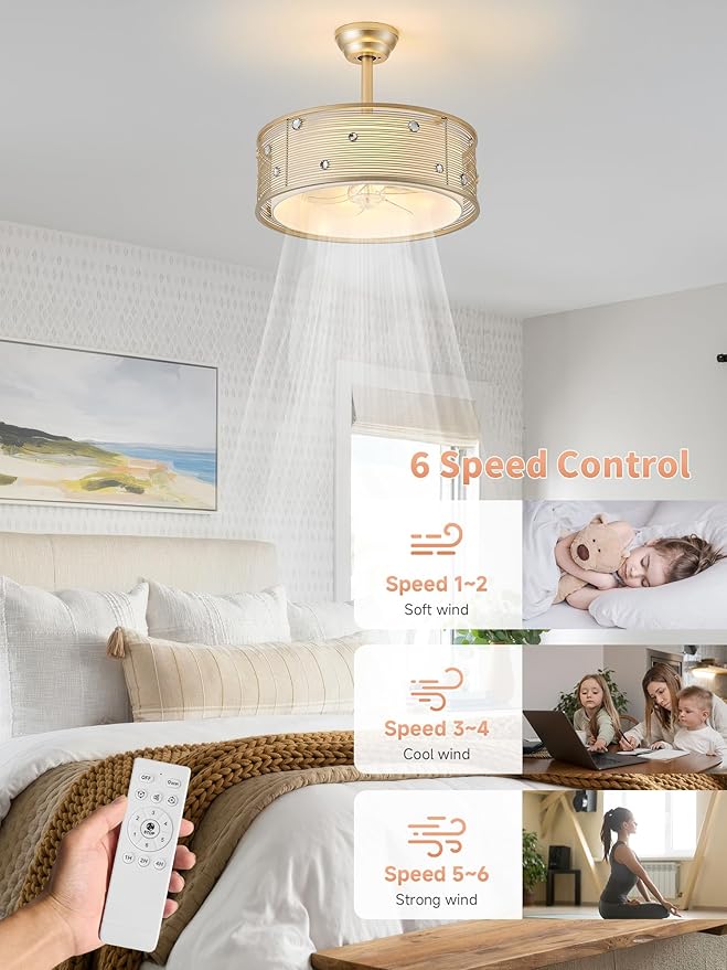 20" Gold Fandelier Ceiling Fan with Light, Gold Chandelier Ceiling Fans with Lights Remote Control, Caged with 6 Speeds for Bedroom, Living Room, Nursery