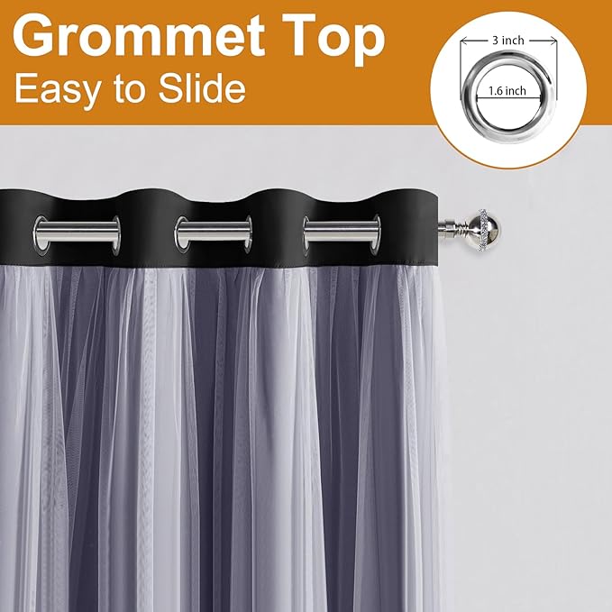 DWCN Black Layered Curtains for Living Room Blackout and Sheer Curtains Grommet Top Curtain Panels with Sheer Overlay for Bedroom, 52 W by 84 L, 2 Pieces