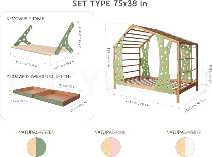 BUSY WOOD Monkey Bed – Twin Frame with Storage & Desk – Montessori Indoor Playground – Jungle Gym Furniture for Kids – Toddler Sleeping Frame with Drawers & Removable Table