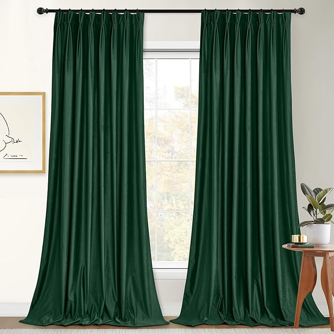 StangH Pinch Pleat Green Velvet Curtains for Bedroom, Super Soft Room Darkening Privacy Window Treatments Luxury Christmas Home Decor for Hotel Hall Theater, Dark Green, W52 x L84, 2 Panels
