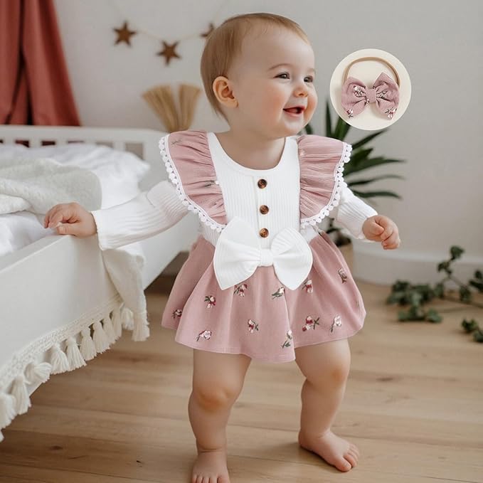 Giraropa Baby Girl Fall Winter Clothes Long Sleeve Romper Dress + Socks + Headband Newborn Infant Cute Casual Outfits