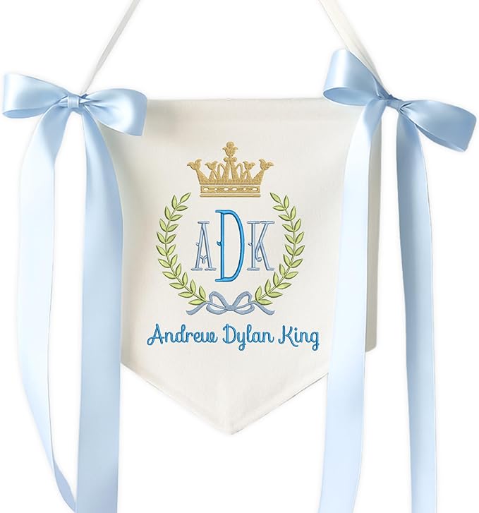 Embroidered Baby Name Sign Personalized Baby Announcement Sign Newborn Baby Banner with Bows Baby Hospital Name Sign Canvas Hanging Pennant Flag Custom Infant Baby Name Baby Shower Banner (04)
