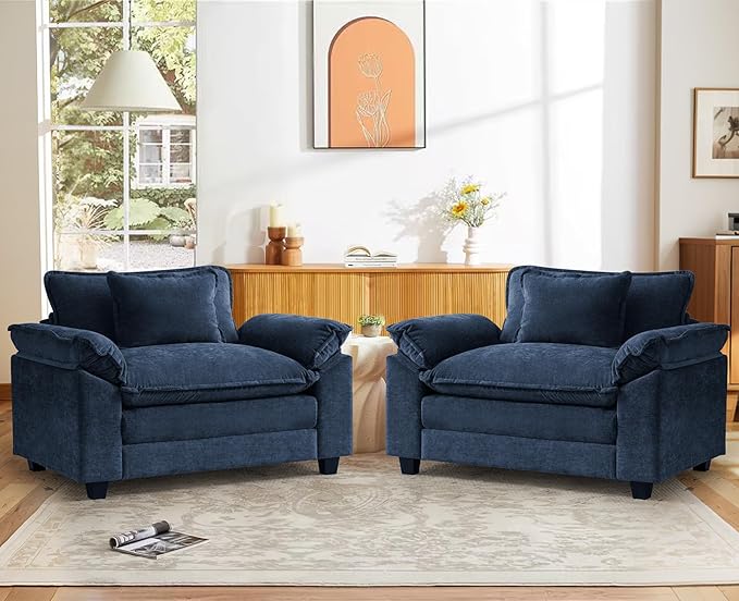 CDCASA Oversized Accent Chair, Chenille Mid Century Modern Armchair, Comfy Upholstered Seating Reading Cloud Sofa Chairs for Bedroom Living Room, Set of 2,Blue