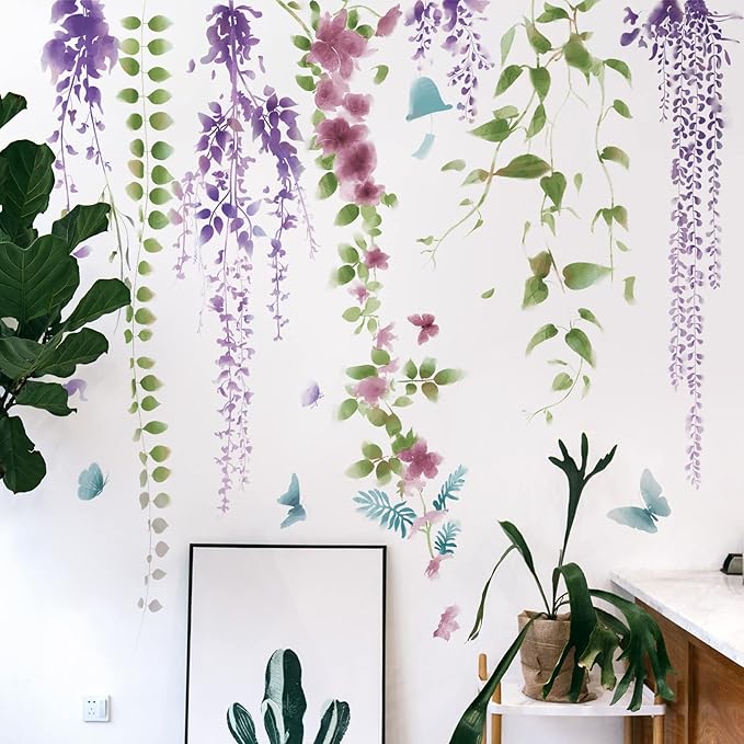 Amaonm 3D Removable Hanging Purple Blue Flowers With Green Leaves Wall Stickers Murals DIY Peel and Stick Flower Vines Floral Wall Decal for Home Wall Corner Kids Bedroom Living Room Nursery Decoration (A)