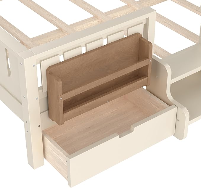 Bellemave Full Size Kids Bed with high Rails and with Built-in Bookshelf and Drawers for Kids, Girls, Boys, Wood Montessori Bed Without Door, Beige