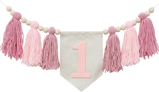 Boho Pink Handmade 1st Birthday High Chair Banner for Baby Girls Wild One Wall Hangings First Highchair Banner Wood Bead Tassel Garland Photoshoot Props Photo Props1 Birthday Party Decorations