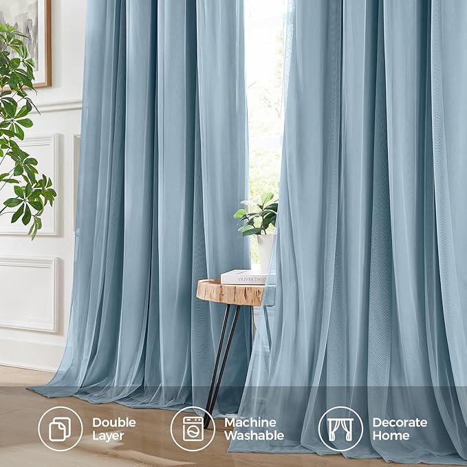 100% Blackout Curtains for Bedroom, Double Layer Blue Curtains, Black Out Curtain 96 inch Long with Sheer Overlay for Living Room, Room Darkening Window Drapes with Grommet, 52" W x 96" L