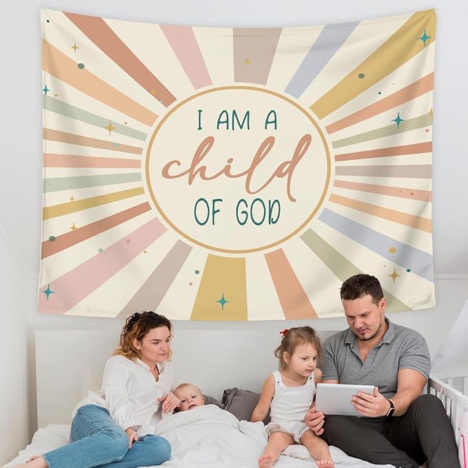 LIANGW Boho Neutral Baby Nursery Christian Wall Tapestry – I am a Child of God Bible Verse Decor, Inspirational Toddler Room Tapestry for Boys,Teens Room Decoration Living Room Bedroom 50x60 inches