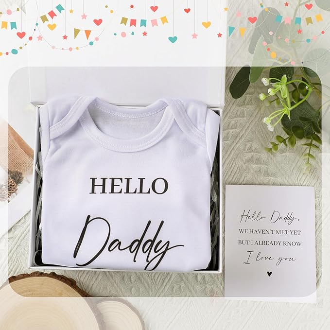4 Pcs Pregnancy Announcement for Husband, Hello Daddy Baby Bodysuit, Hello Daddy Pregnancy Reveal Card Baby Reveal Gift Box Surprise Baby Announcement Gifts Set for Husband Partner