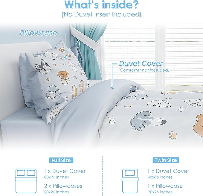 SANDJEST Dog Duvet Cover Sets Full Size for Kids Boys Girls, Incude 1 Polyester Comforter Cover 80x90 Inches and 2 Pillowcases 20x26 Inches, Comforter Not Included, Gift for Christmas Birthday