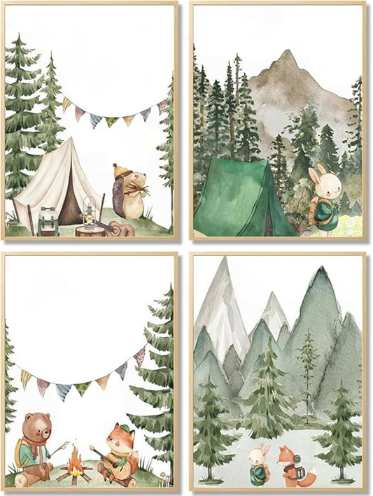 Woodland Adventure Nursery Canvas Wall Art Set of 4 Camping Animal Prints BearFox Rabbit Hiking PostersForest Mountain Themed Kids Room PictureNature Exploration Wall Decor Frameless 16x24In ﻿