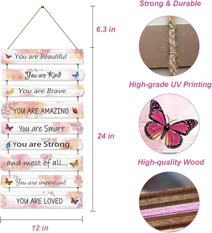 Butterfly Girls Room Decor, Pink Wall Decor for Baby Girl, Girl Bedroom Decor Art Signs, Trendy Stuff Decorations for Kids Nursery Bed Room Dorm Classroom Bathroom