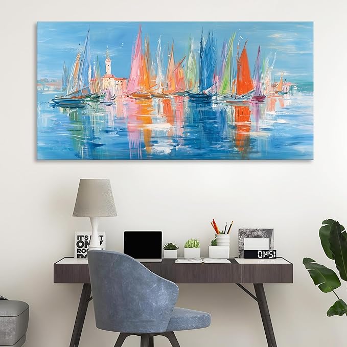 Nautical Sailboat Wall Art for Living Room Blue Ocean Theme Canvas Print Modern Abstract Coastal Picture Cityscape Painting Colorful Venice Coastal Scene Seaside Bedroom Bathroom Artwork 12x24inch