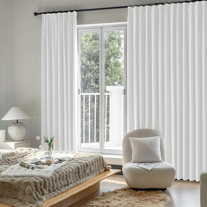 IVAPUPU Linen Pinch Pleated Blackout Curtains for Bedroom - Full Black Out White Curtains 90 Inch 2 Panels Set for Living Room Darkening Thermal Window Curtain Drapes with 16pc Hooks