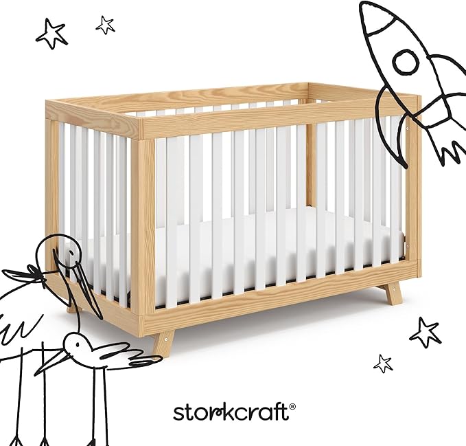 Storkcraft Beckett Convertible Crib (Natural with White Slats) – Converts from Baby Crib to Toddler Bed and Daybed, Fits Standard Full-Size Crib Mattress, Adjustable Mattress Support Base