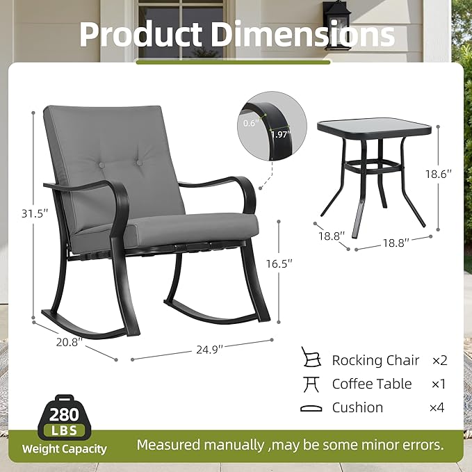 SUNCROWN Outdoor 3-Piece Rocking Chairs Patio Bistro Set Black Steel Furniture with Thickened Cushion and Glass-Top Coffee Table, Grey