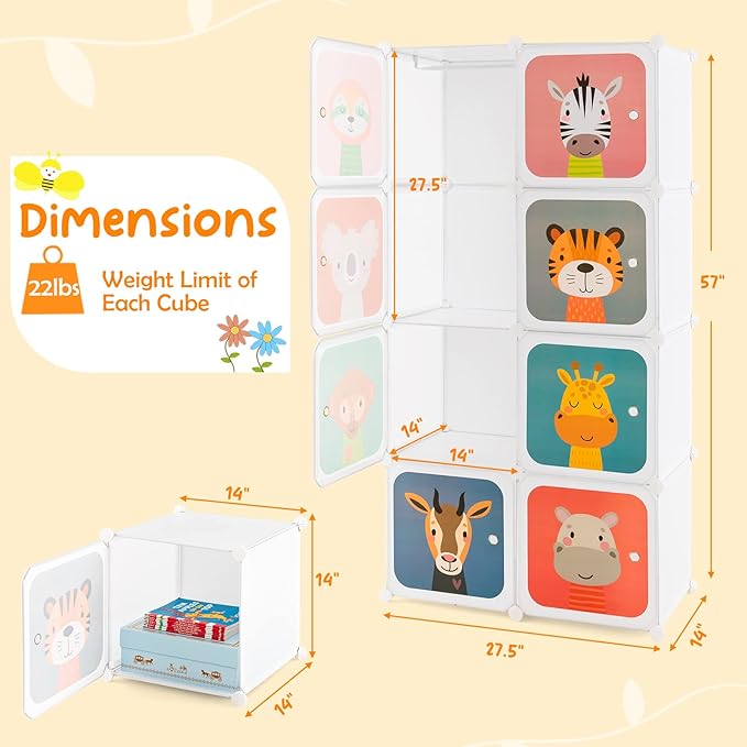 HONEY JOY Kids Wardrobe Closet, Baby Cartoon Clothes Storage Organizer, 8 Cubes & 2 Hanging Sections, Portable Children DIY Modular Bedroom Armoire Dresser Cabinet for Boys Girls (White)