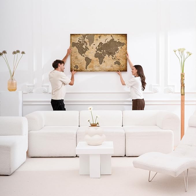 Canvas World Map with Cork Pin Board - English Lettering - Decorative Wall Decoration for All Rooms - Canvas Pictures with World Map Motif (120x80 cm, Pattern 1)