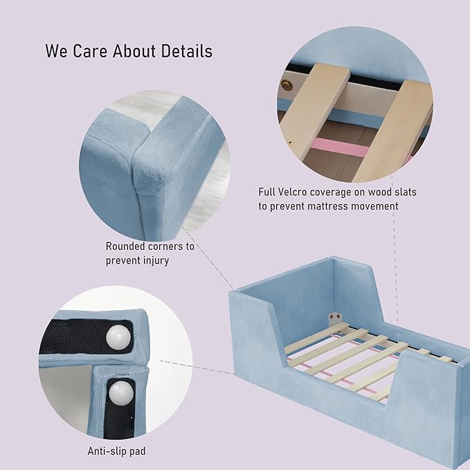 Toddler Bed, Toddler Floor Bed Frame with Guard Rails, Kids Bed for Ages 2-6 Years Kids Girls and Boys, Standard Crib Mattress Toddler Beds, Certified Fabric (Blue)