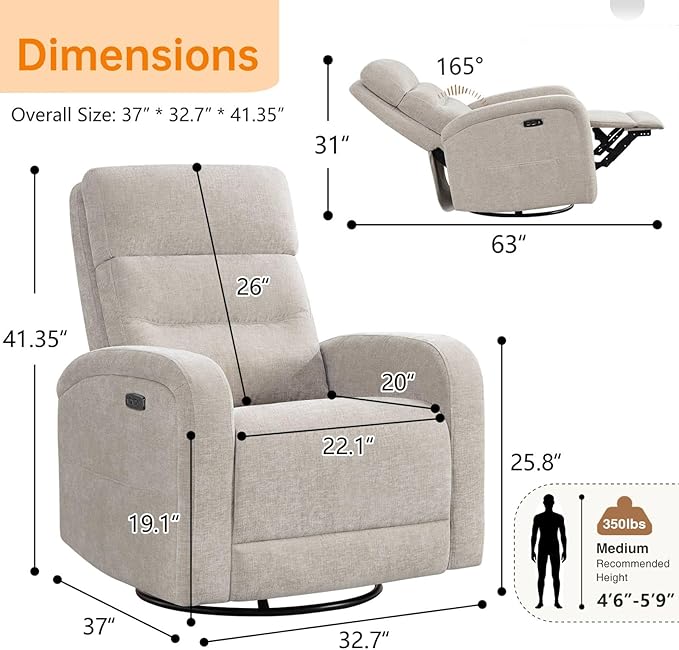 Power Rocker Recliner Glider for Nursery with USB, Electric Swivel Rocker Recliner Chair for Living Room, Upholstered Recliner Chairs for Adults, Chenille Camel