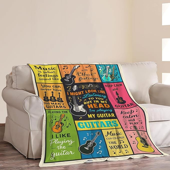 Guitar Music Throw Blanket Soft Cozy Fleece Fuzzy Plush Musical Instruments Theme Warm Stuff Bedding Blanket Gifts for Guitar Lover Boys Girls Kids Adult Men Women 40"X50"