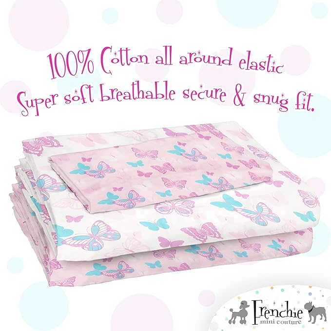 Frenchie Mini Couture, 3-Piece Kids Twin Sheets Bedding Set, 100% Woven Cotton, Includes Deep Pocket Bed Sheet (39 x 75 x 15in) + Flat Sheet (66 x 96in) + Pillowcase (20 x 30in) Butterfly