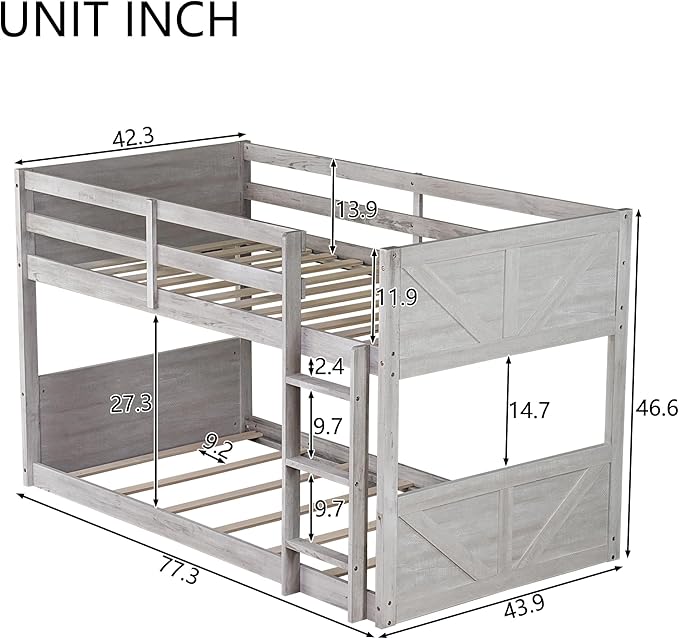 Bunk Bed Twin Over Twin, Wood Low Profile Floor Twin Bunk Beds with Headboard Ladder Guardrails for Kids Boys and Girls, No Box Spring Needed
