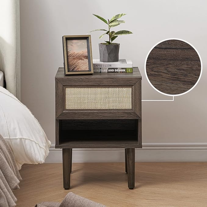 mopio Haylee Rattan Side Table, Small Accent Tables for Living Room, Mid Century Modern Night Stand, Bedside Tables, Wood Nightstands for Bedroom (Walnut, Single)