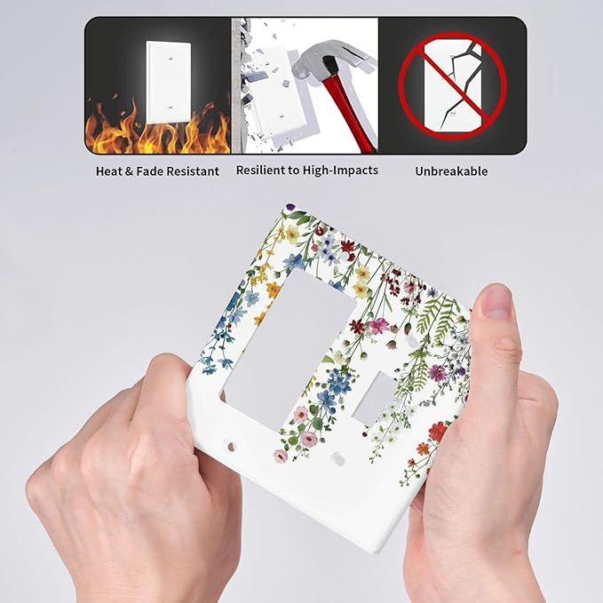 Outlet Covers Colorful Wildflowers Plants Flowers on White Background 2 Gang Combo Light Switch Cover Plate Toggle Rocker Socket Covers Decorative Switch Plates and Outlet Cover