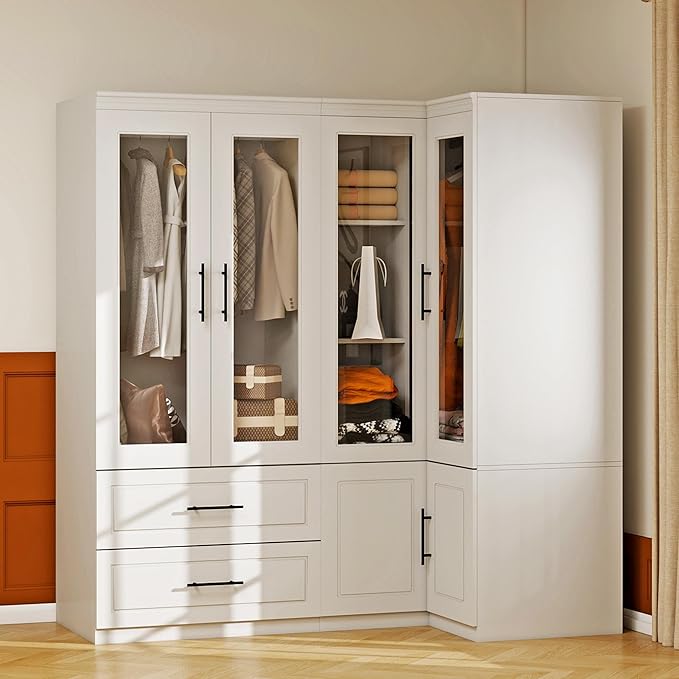 Armoire Wardrobe Closet with 2 Glass Door: White Combination Corner Wood Wardrobe Closet 2 Drawer Wooden Bedroom Armoire with Hanging Rods for Home/Bedroom/Living Room