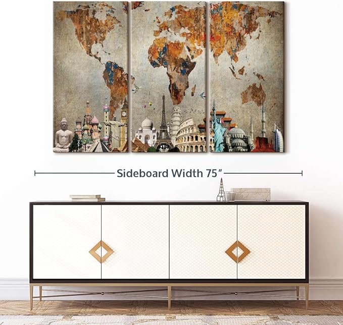 ElephantStock Rusty World Map Multi Piece Canvas - 3 Piece Canvas World Map Wall Decor - Wall Decor, Ready-to-Hang Print Vintage Wall Art - 65" X 42"