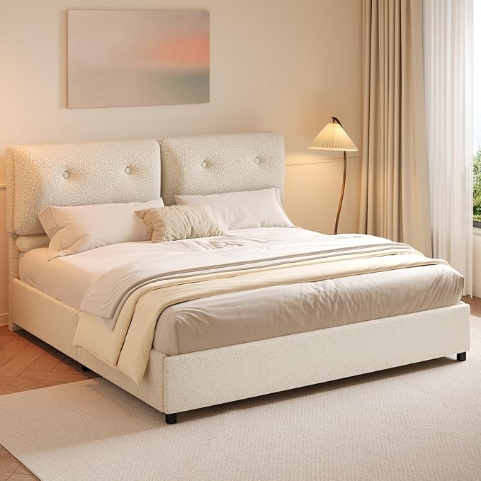 King Bed Frame and Headboard, Upholstered Boucle Bed King with Soft Headboard, Wooden Slats Support, No Box Spring Needed, Easy Assembly, Cloud Bed Frame, Beige