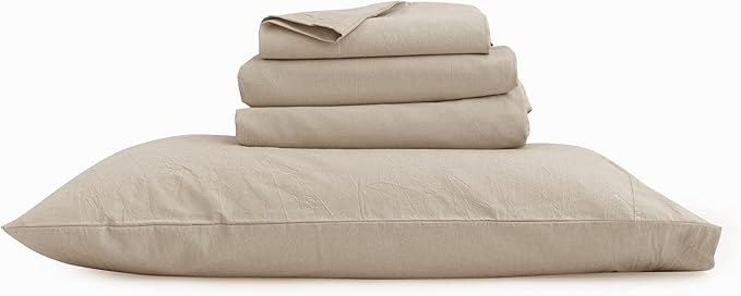 BESTOUCH Sheet Set 100% Washed Cotton Linen Feel Super Soft Comfortable Chic Lightweight 4 Pcs Home Bedding Set Solid Almond Milk Grey King