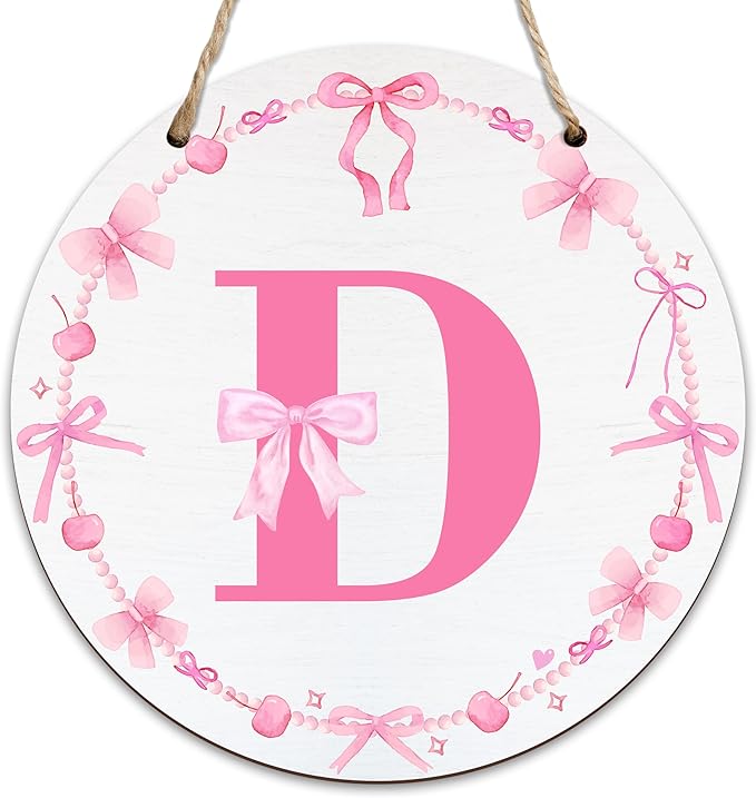 Monogram Round Sign For Front Door, Cherry Bow Theme Sign For Porch Art Wall Door, Initial Signs Hanging Ornament For Indoor Outdoor, Decorations Gifts For Four Seasons Rustic Home Kitchen, D, A04