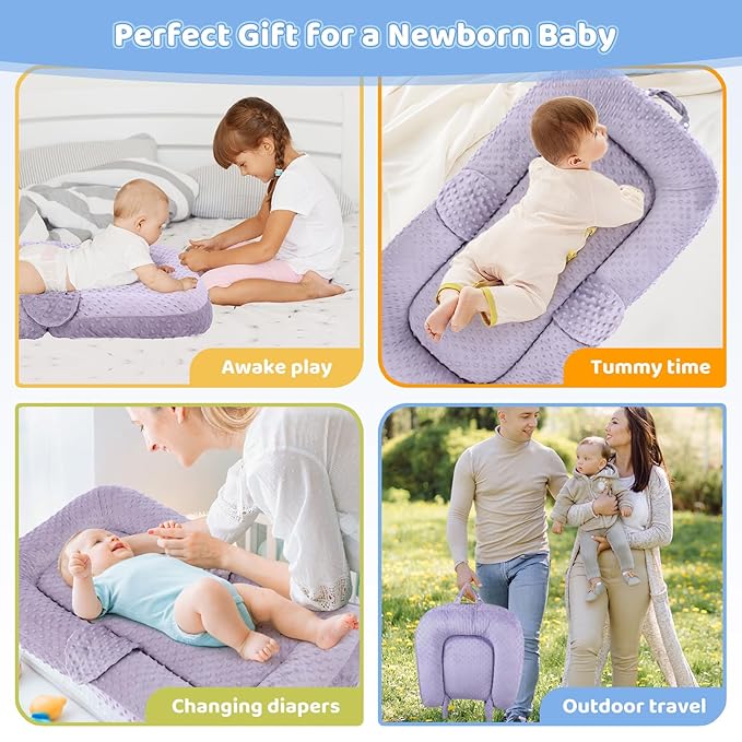 Baby Lounger Pillow- Portable Baby Lounger for Newborn, 0-24 Months,3-in-1 Baby Nest for Home and Travel, Foldable & Soft, CPC Certification Newborn Babies Essentials Gifts, Purple