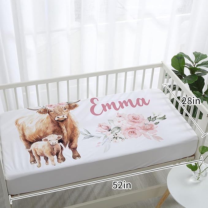 Custom Baby Crib Bedding Set,Personalized Name Pink Highland Cow Pattern Nursery Bed Set 4 Piece,Baby Blanket Fitted Sheet Nursery Rug Wall Art Set,Custom Room Decor Idea Gift for Newborns Boys Girls