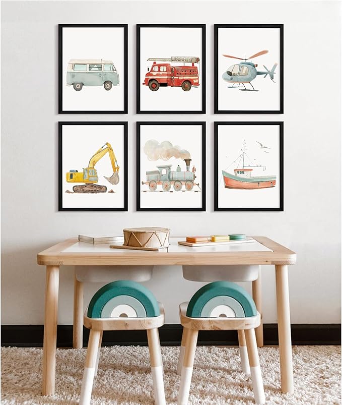 Car Wall Art Boys Room Canvas Wall Decor Nursery Prints Transportation Vehicle Wall Art Kids Toddler Posters Construction Truck Picture Boy Nursery Artwork for Bedroom Playroom 8x10x6 Inch Wood Framed